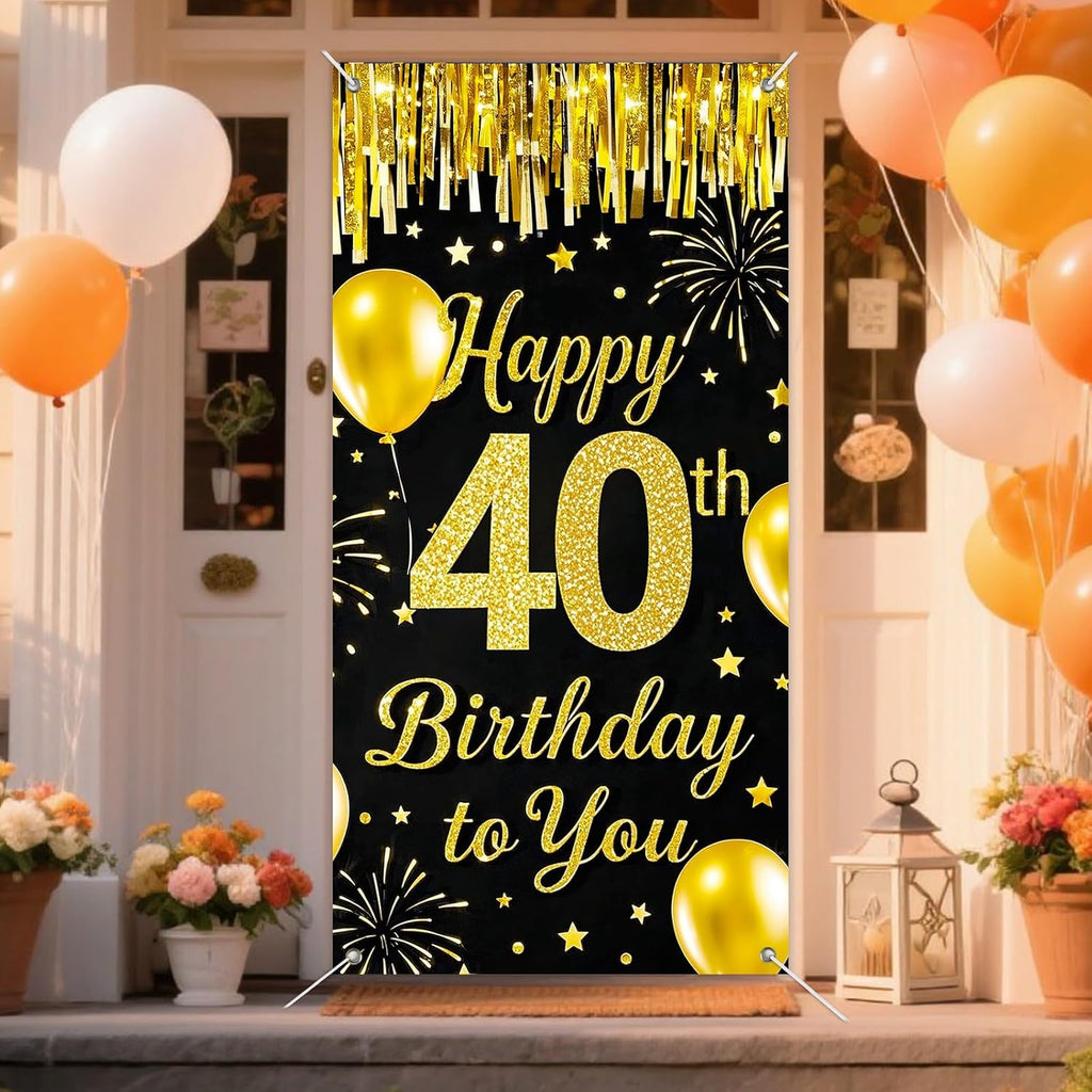 IVN 40th Birthday Door Cover 71x35 Inch Black Gold Birthday Banner for Party Decorations Balloons Stars Fireworks Backdrop Sign for Men Women Photo Booth Prop Wall Decor