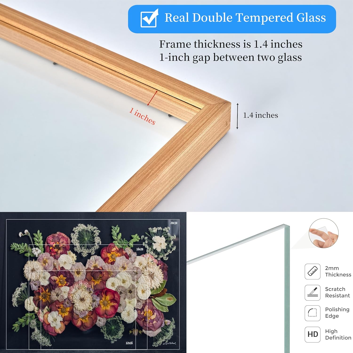 Floating Frame 16x20 Real Double Glass Floating Picture Frame 18x24 Shadow Box Pressed Flowers Frames Floater Maple Wood Frame 16x20 Bouquet Frames For Wedding Memory