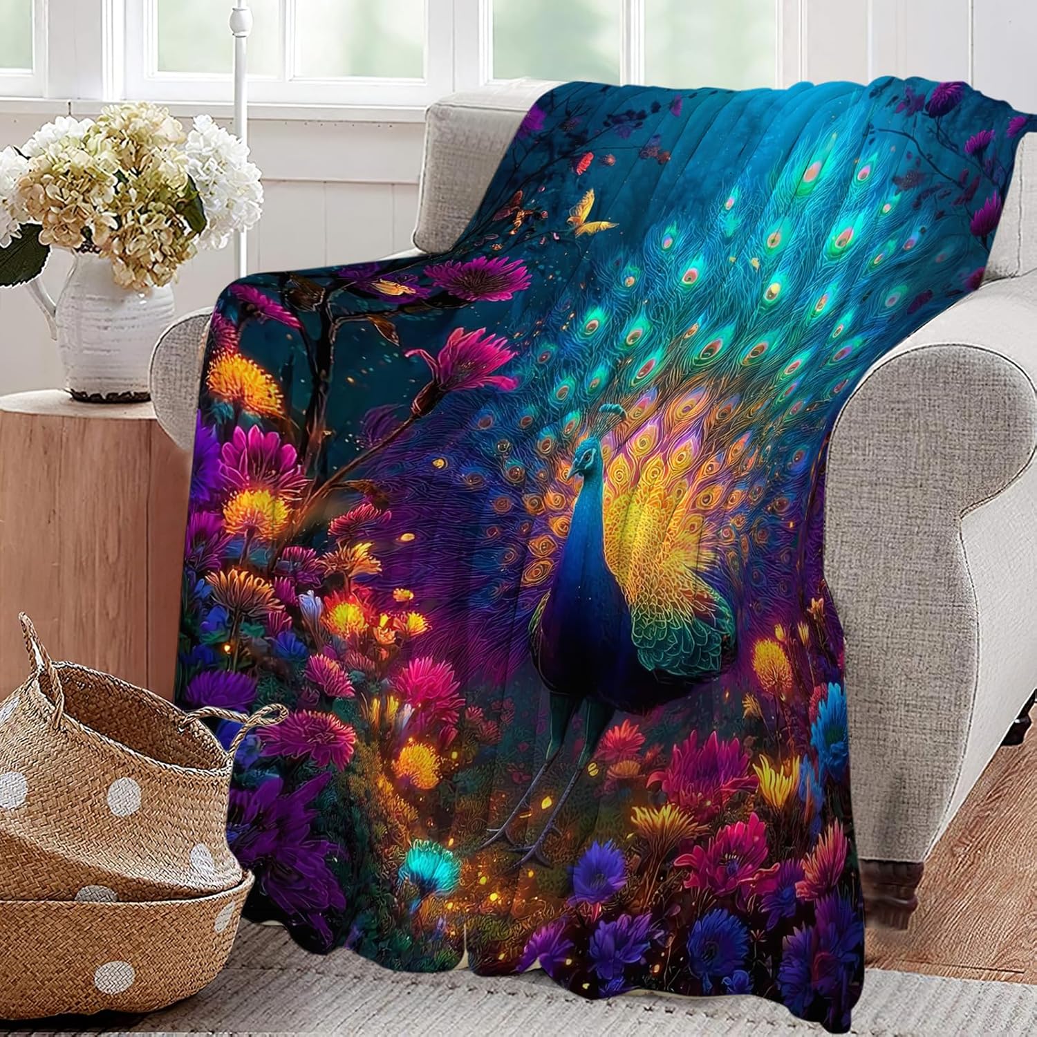 Fantasy Peacock Blanket Animal Throw Blankets Gifts for Girls Boys Kids Peacock Lover Soft Cozy Fleece Plush for Couch Sofa Bed 50"x40"