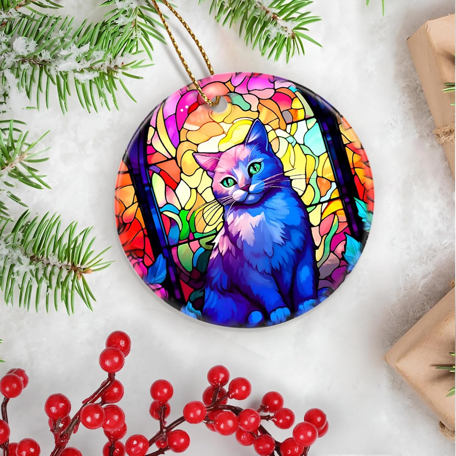 Touber Cat Ornament, Christmas Decoration, Holiday Present Idea, Heirloom Keepsake, Round Ceramic, Bauble Present, Cat
