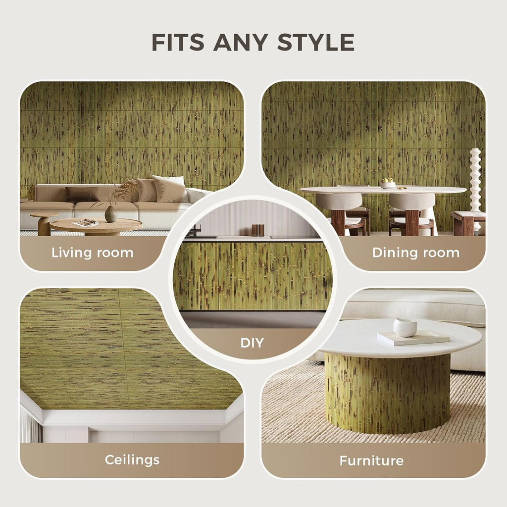 OUZUGIE 1 Pack 96x24 Inch Natural Bamboo Wall Panel – Green Burned Pole Wrap Paneling for Walls, Ceilings, Cabinets, Furniture – Ideal for Bedroom, Living Room & Office DIY Decor