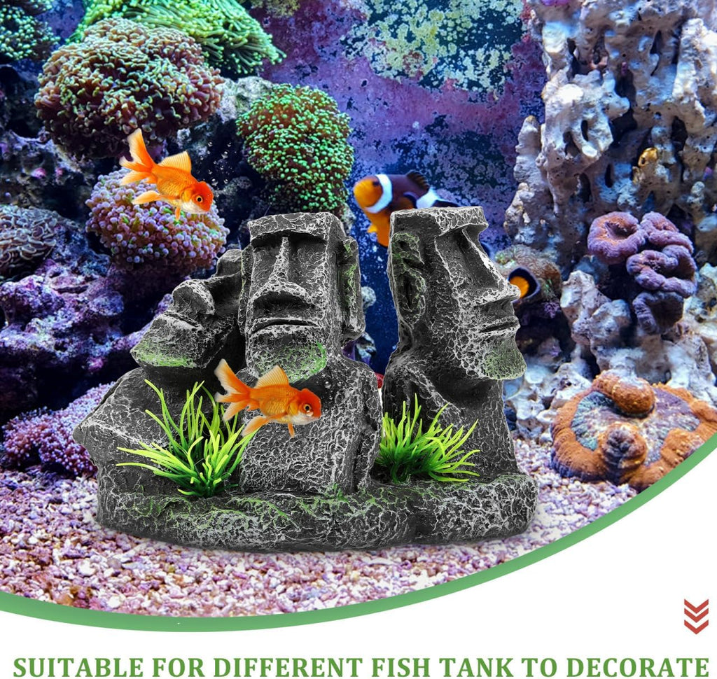 POPETPOP Moai Statues Aquarium Decorations, Betta Fish Moai Decor, Resin Easter Moai Island Figure for Fish Tank Ornament Freshwater Saltwater Tank Decor