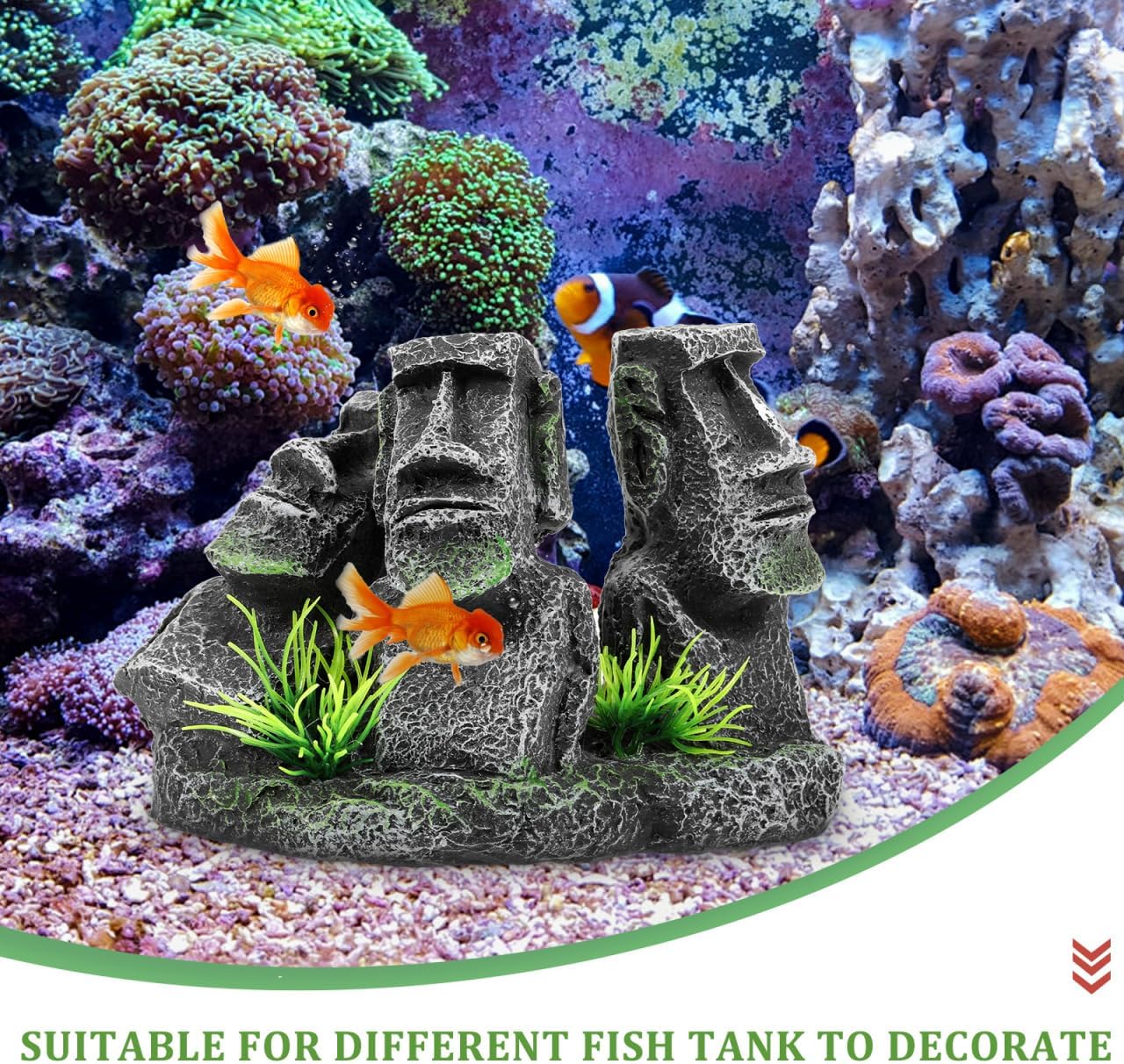 POPETPOP Moai Statues Aquarium Decorations, Betta Fish Moai Decor, Resin Easter Moai Island Figure for Fish Tank Ornament Freshwater Saltwater Tank Decor