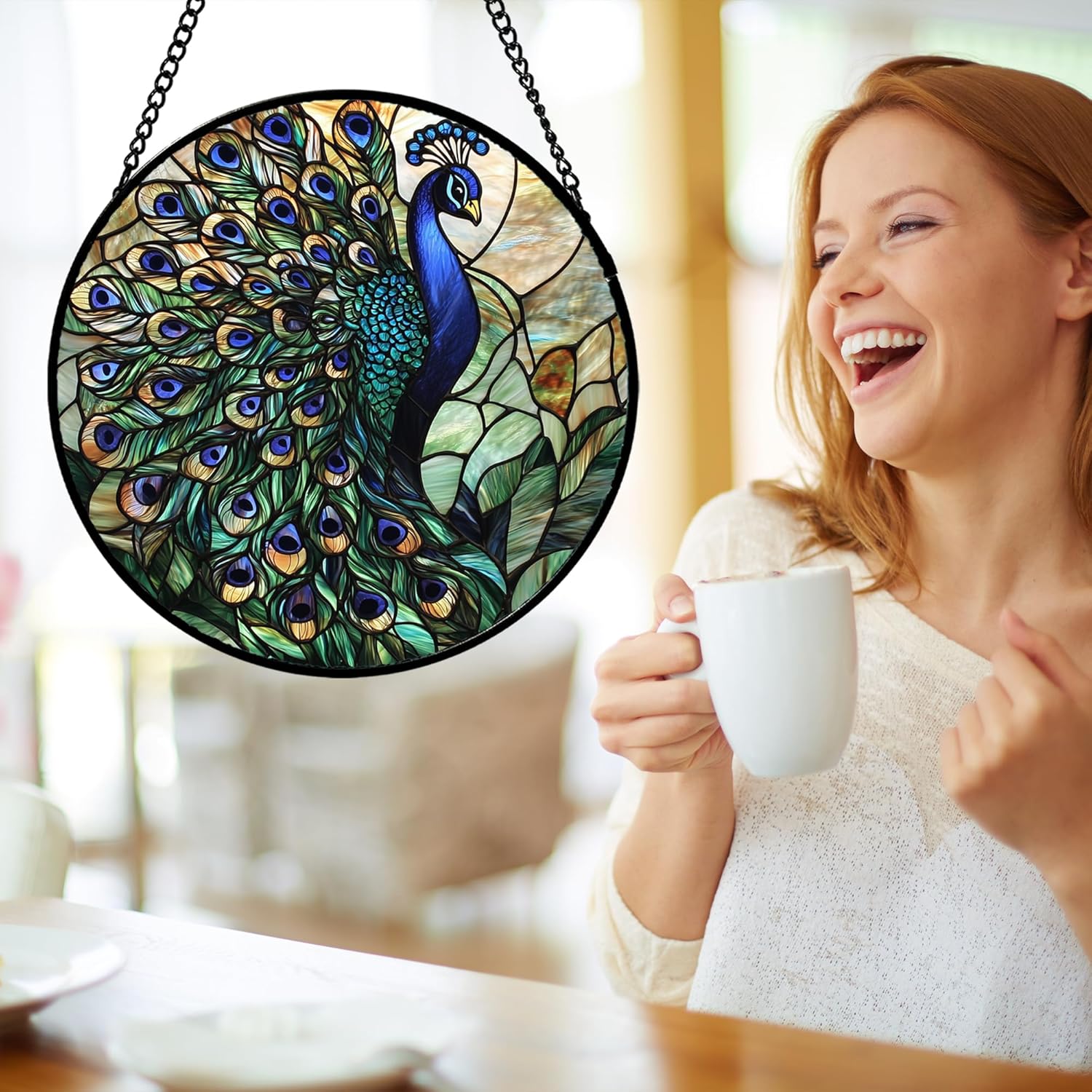 Stained Glass Window Hanging, Turquoise Peacock Sun Catcher for Door Home Decor Blue Green Suncatcher Christmas Mother's Day Birthday Gifts for Women Men Mom and Nana 11.8 in