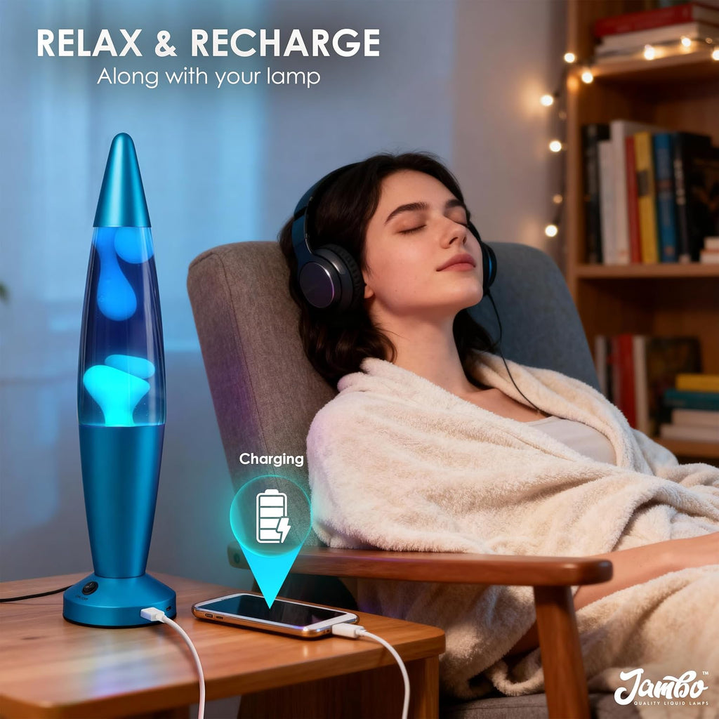 JAMBO Beautiful Liquid Lamp with USB Ports,16" Motion Light with Blue Liquid White Wax, Relaxing Nightlight, Mood Light for Bedroom, Living Room, Office - Adults, Teens, Kids