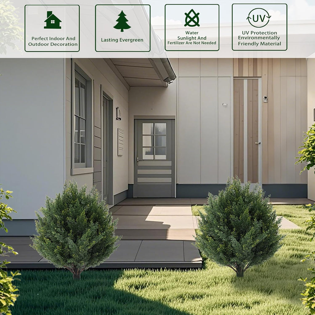 24" Artificial Cypress Topiary Tree with Ground Spike, Fake Shrubs UV Resistant Artificial Cedar Bushes, Set of 2 Faux Plants for Indoor Outdoor Front Porch Garden