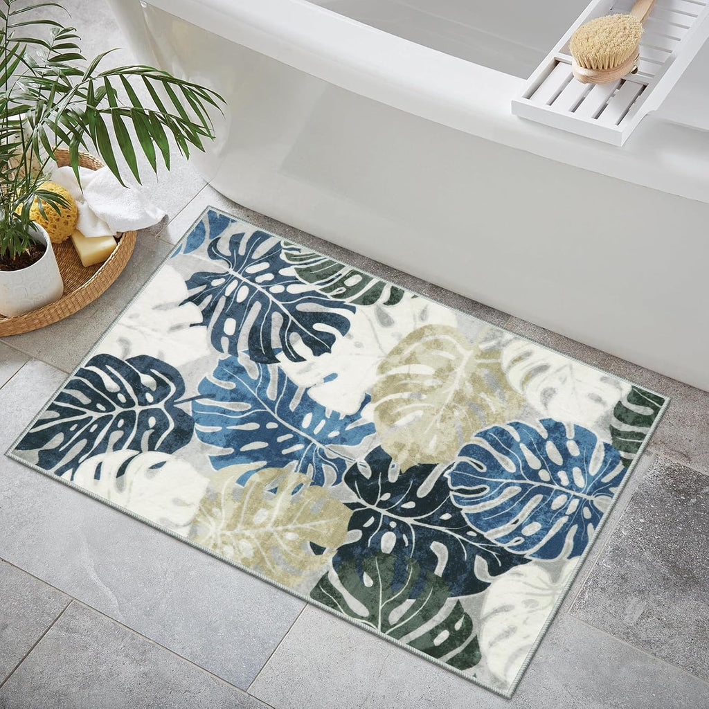 Wonnitar 2x3 Kitchen Sink Rug, Machine Washable Blue Bathroom Leaf Rugs, Monstera Coastal Non-Skid Bedside Accent Mat, Non-Shedding Low Pile Floor Carpet for Entry Doormat Bedroom Laundry