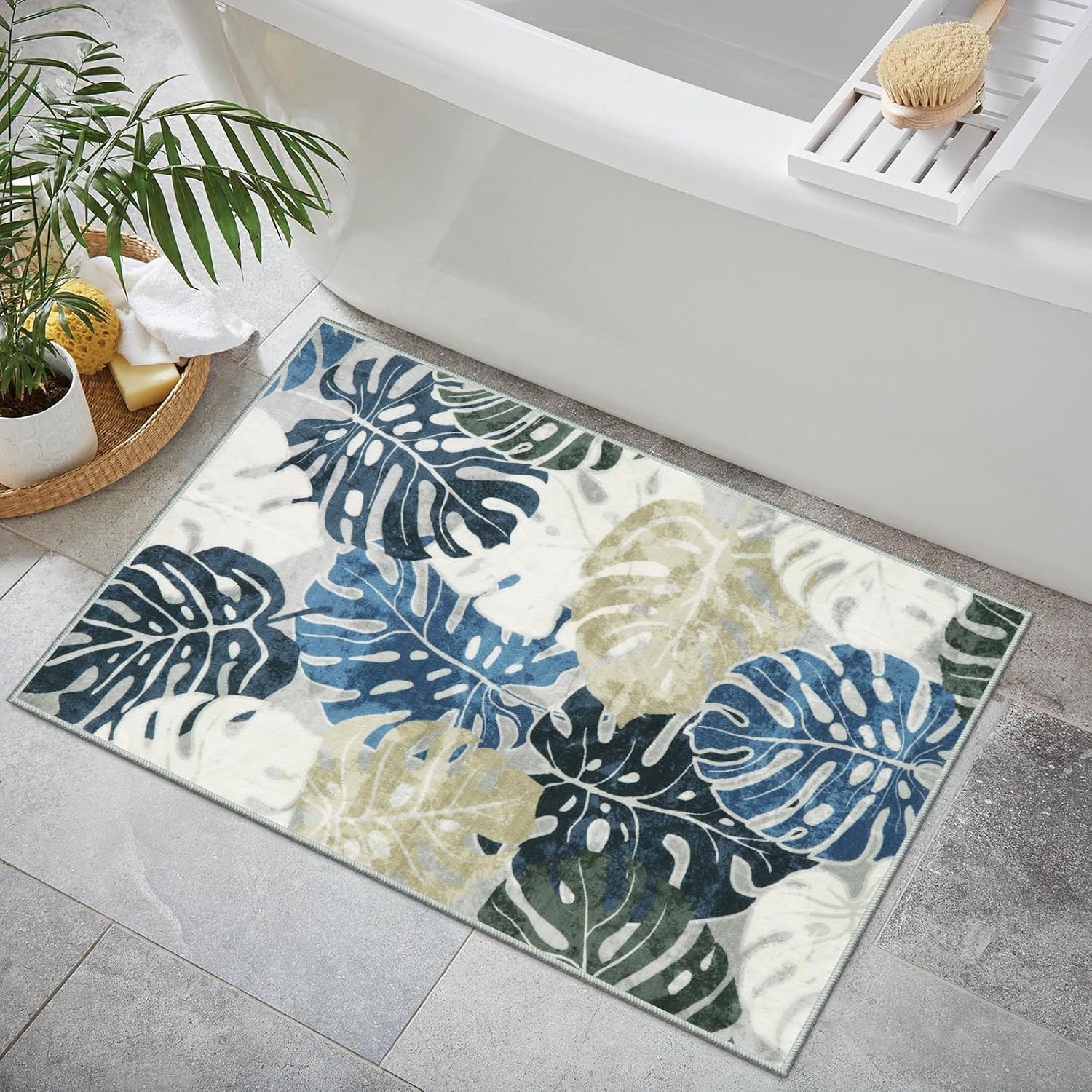 Wonnitar 2x3 Kitchen Sink Rug, Machine Washable Blue Bathroom Leaf Rugs, Monstera Coastal Non-Skid Bedside Accent Mat, Non-Shedding Low Pile Floor Carpet for Entry Doormat Bedroom Laundry