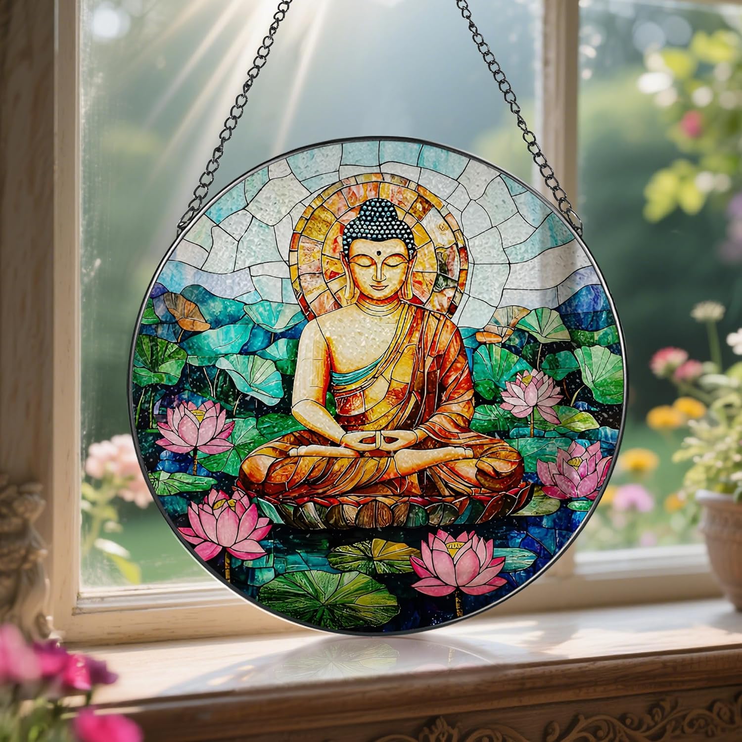 8-Inch Buddha Stained Glass Suncatcher & Ornament, Stained Glass Window Hanging, Sun Catcher Window Decor, Namaste Decor — Gifts for Buddhist & Yoga Lover, Gifts for Christmas, Birthday & Housewarming