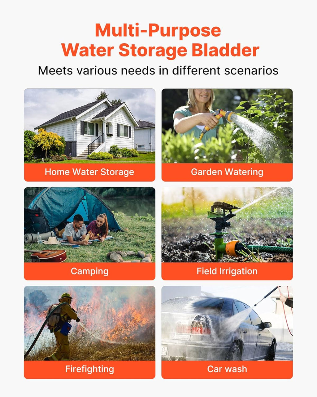 VEVOR Water Storage Bladder, 264 Gallon (1000L) Water Storage Container Tank, 1000D PVC Large Capacity Soft Bag Bladder, Collapsible Portable for Garden Irrigation, Camping, RV, Emergency Use - Black