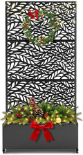 FENCY Metal Raised Garden Bed with Wheels and Trellis,73"x35"x16" Planter Box for Climbing Plants, Vegetables & Vines, Features Privacy Screen and Drainage Holes (Black-Leaf)