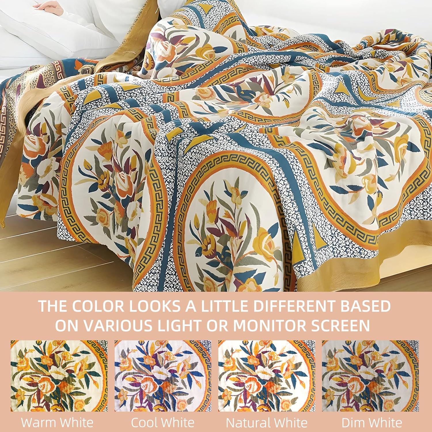 Boho Throw Blanket for Bed - 100% Pure Cotton Ultra Soft Rustic Quilt - Farmhouse Decor Bed Blankets, All Season Rustic Throw for Sofa Couch Chair(60"×80", Floral)