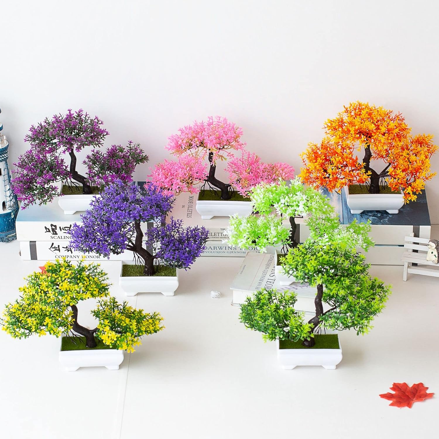 Mini Artificial Bonsai Tree Plants Artificial Plant Welcome Pine Tree with Plastic Cement Pots for Home Office Décor (Green)