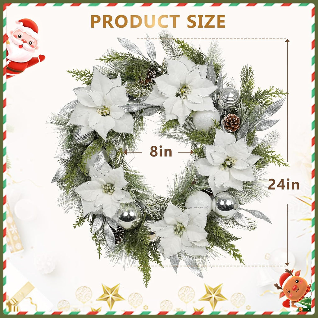 Christmas Wreath Artificial Wreath with White/Silver Balls, White Poinsettias and Silver Leaves Multi-Element Decoration for Indoor & Outdoor Doors, Corridors and Fireplaces