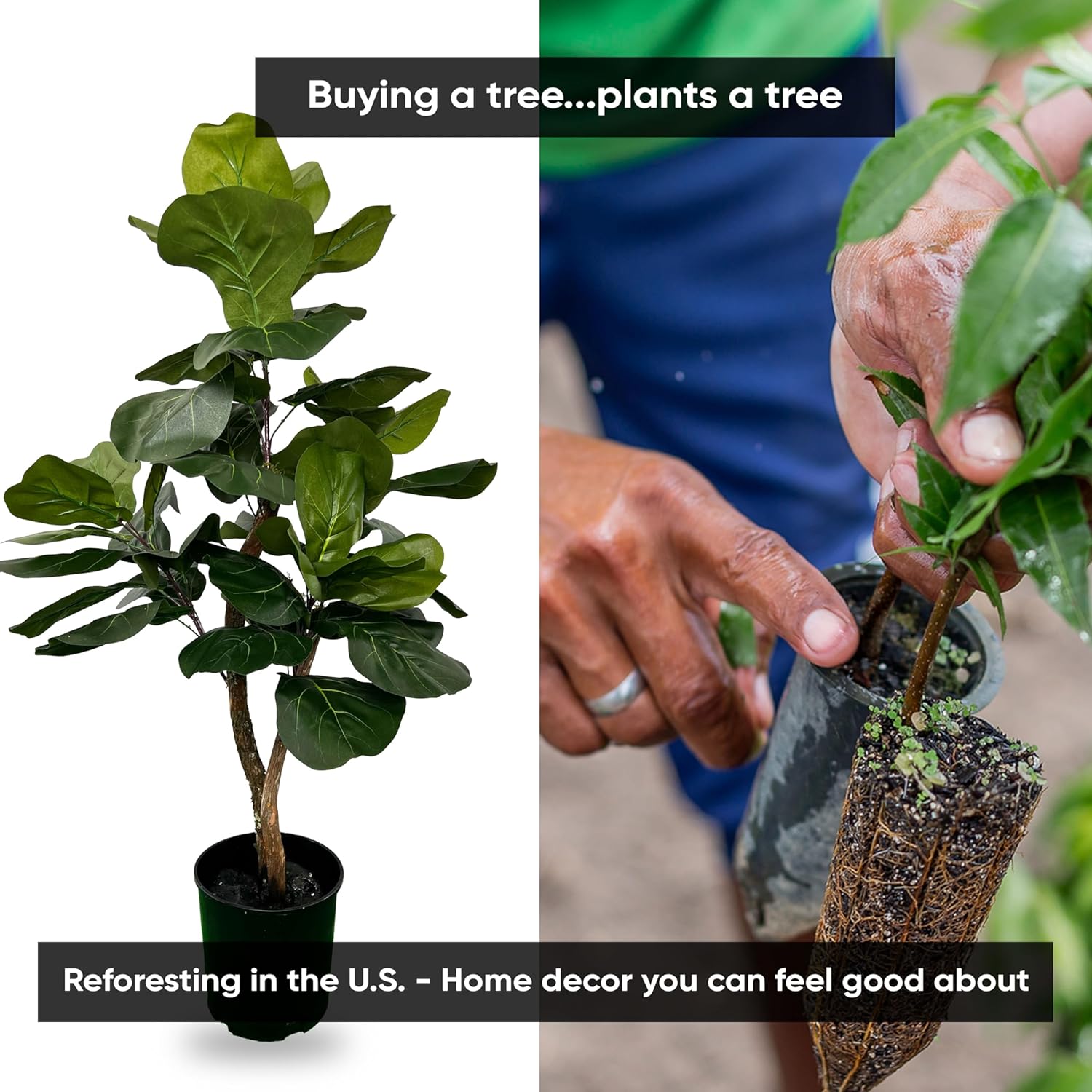 Cypress & Alabaster Handmade 3ft Fiddle Leaf Fig Ficus Lyrata Artificial Tree with Ethically Sourced Real Wood Trunks, Hypoallergenic, 3-Foot, Green
