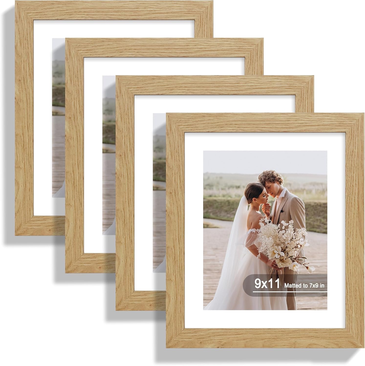 9x11 Picture Frame Set of 4, Made of Real Glass and Natural Oak Frame - Display Picture 7x9 with Mat or 9x11 Without Mat, 9 by 11 Photo for Wall or Tabletop