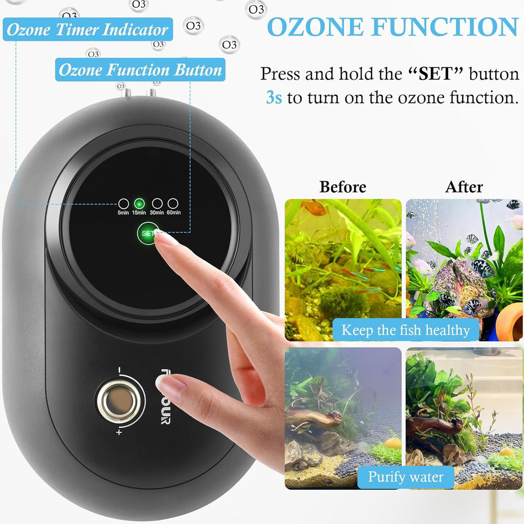 FEDOUR 6W Aquarium Air Pump with Ozone, Powerful Adjustable Fish Tank Oxygen Pump for up to 300Gallon Tank, Quiet Aquarium Air Bubbler (6W with Ozone for up to 300gallon)