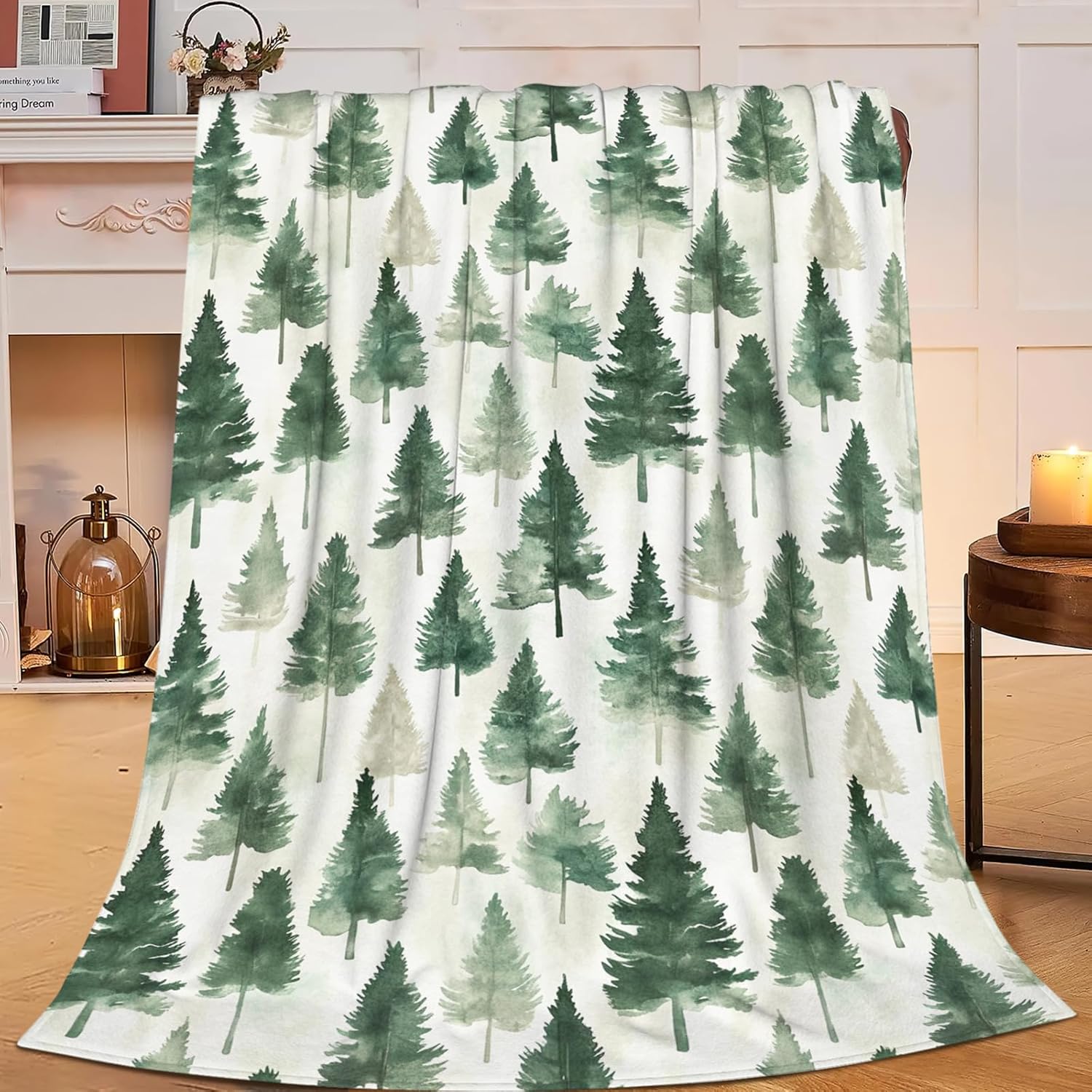 Pines Tree Pattern Throw Blanket Watercolor Green Throw Blankets Gifts for Couch Sofa Bed Stuff Cozy Plush Warm Flannel for Lover Men Women 50"x60"