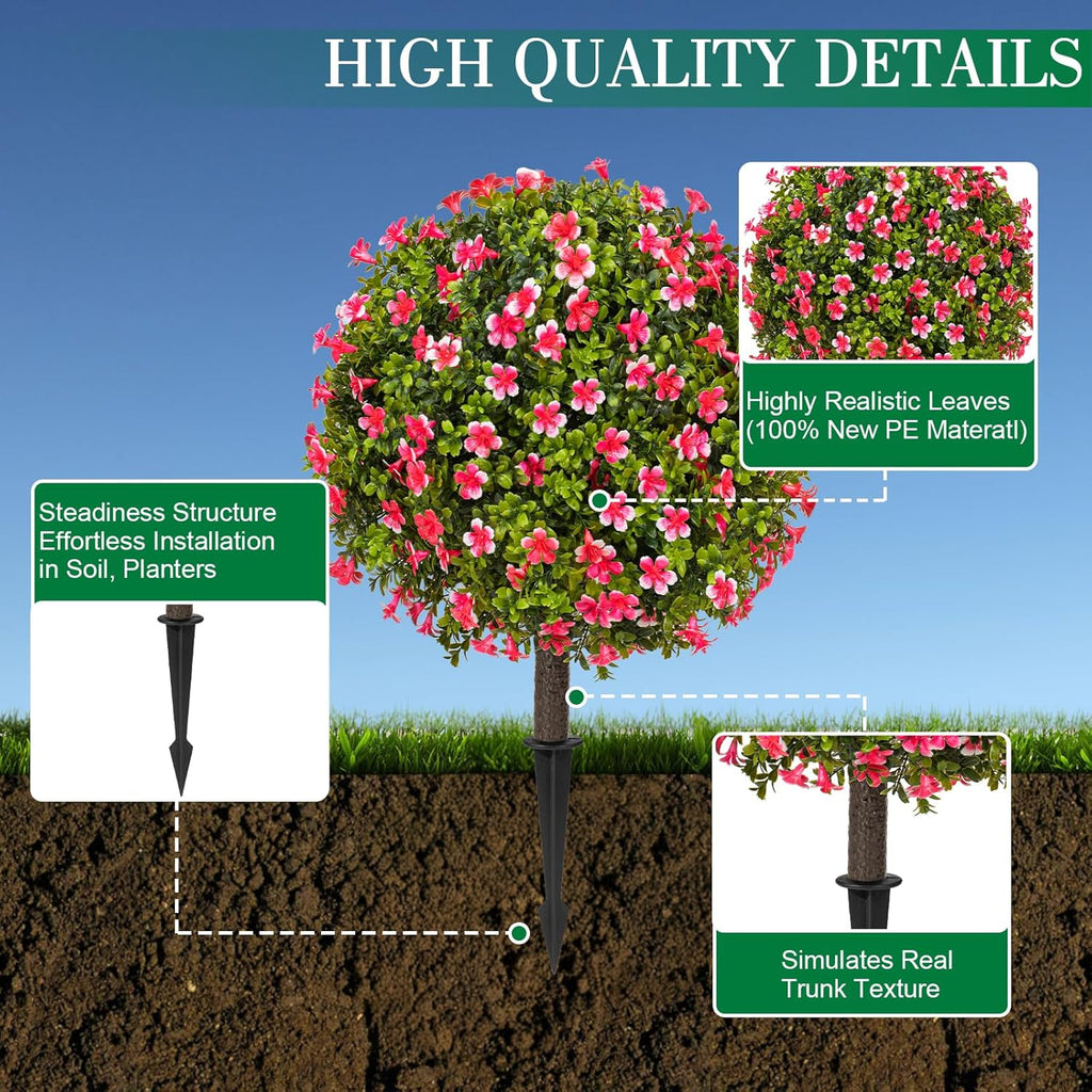 25" Artificial Boxwood Topiary Ball Trees with Rose Pink Flowers, Set of 2 UV Resistant No Fade Outdoor Faux Plants with Ground Spike, Fake Shrubs for Garden, Patio, Porch, Yard, Indoor Decor