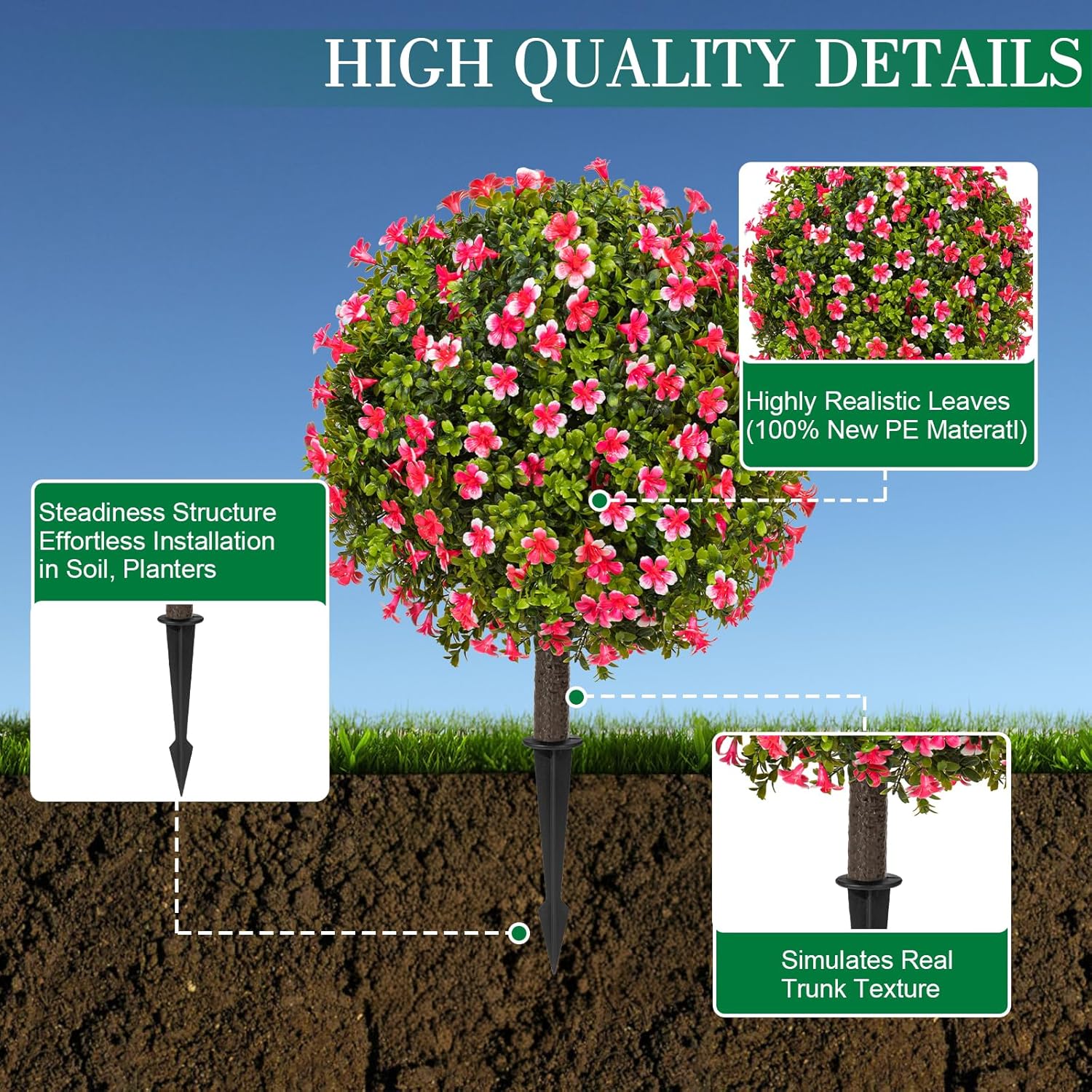 25" Artificial Boxwood Topiary Ball Trees with Rose Pink Flowers, Set of 2 UV Resistant No Fade Outdoor Faux Plants with Ground Spike, Fake Shrubs for Garden, Patio, Porch, Yard, Indoor Decor