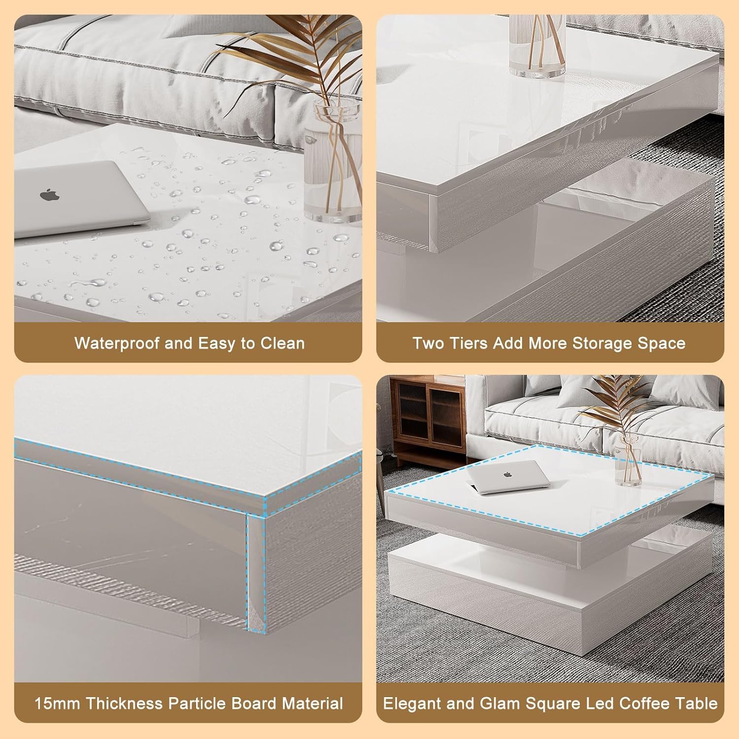 LED Coffee Table for Living Room, Living Room Table 2-Tier Square Center Table, Modern High Glossy Wood Coffee Tables with Storage, 15.7" Tall Tables for Dining Reception, White