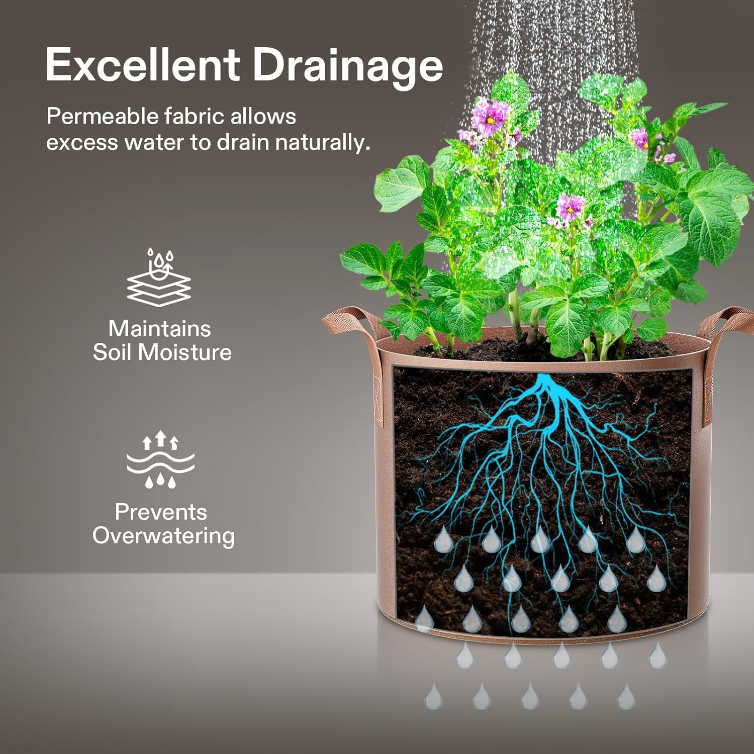 VIVOSUN 5-Pack 20 Gallons Grow Bags Heavy Duty Thickened Nonwoven Fabric Pots with Strap Handles Tan