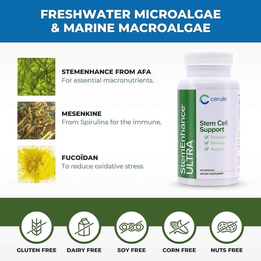 Cerule StemEnhance Ultra Natural Stem Cell Support Supplement – Freshwater Microalgae and Marine Macroalgae Extracts for Cellular Renewal, Immune Function, Energy, and Tissue Recovery – 60 Capsules
