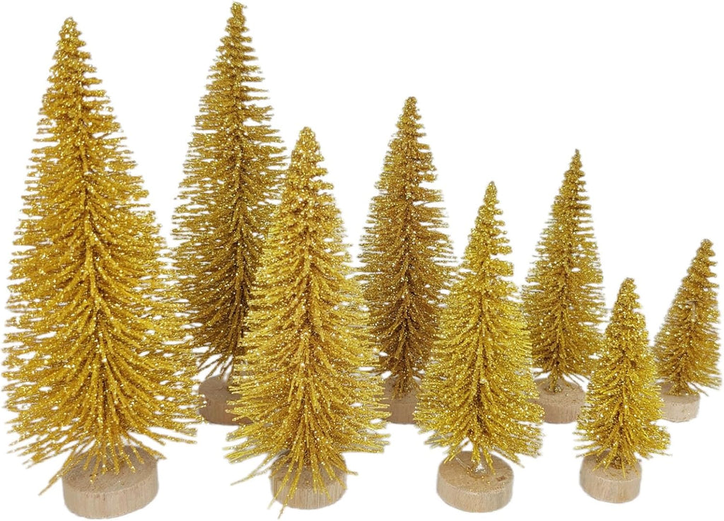 8 Pcs Artificial Mini Christmas Trees, Miniature Pine Trees Sisal Trees with Wood Base Tabletop Christmas Tree for Christmas Xmas Holiday New Year (Gold, 8 pcs)