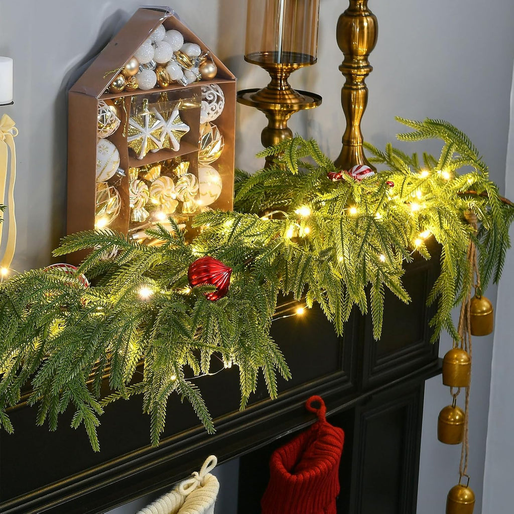 6FT 1Pack Real Touch Christmas Norfolk Pine Garland, Artificial Christmas Garland with Lights, Faux Greenery Garland for Fireplace Mantle Table Wall Stair Indoor Outdoor Holiday Xmas Decor