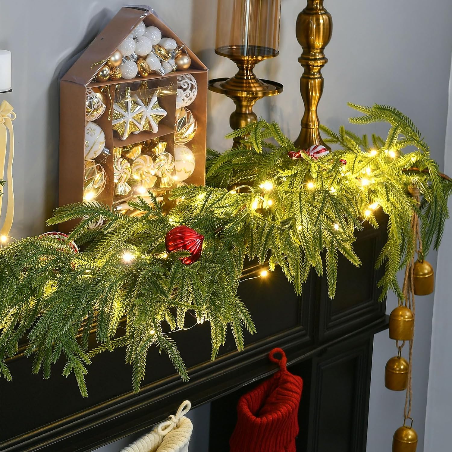6FT 1Pack Real Touch Christmas Norfolk Pine Garland, Artificial Christmas Garland with Lights, Faux Greenery Garland for Fireplace Mantle Table Wall Stair Indoor Outdoor Holiday Xmas Decor