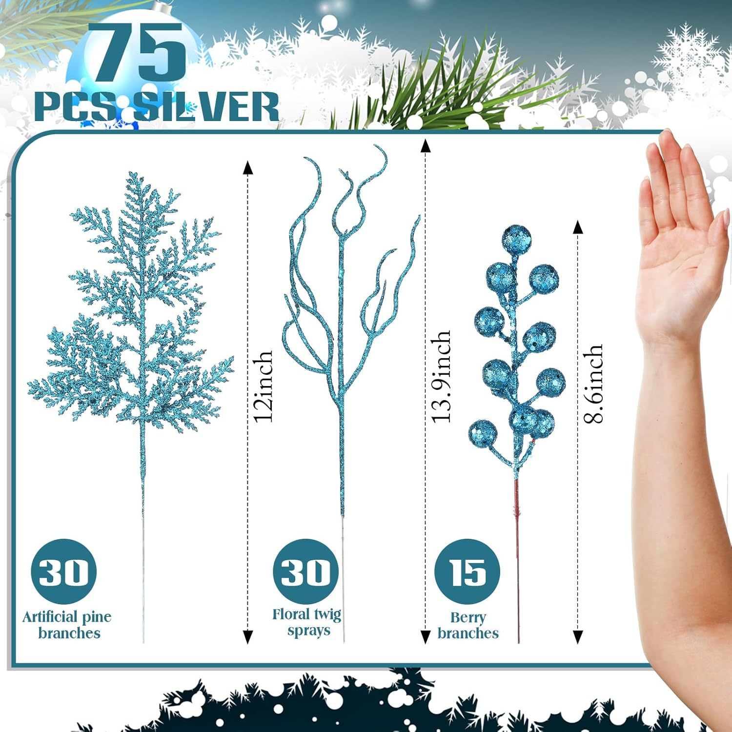 75 Pcs Christmas Glitter Branches 3 Styles Artificial Christmas Picks Berries Stems Pine Needles Floral Twig Spray for Xmas Tree Ornaments DIY Wreath Garland(Light Blue)
