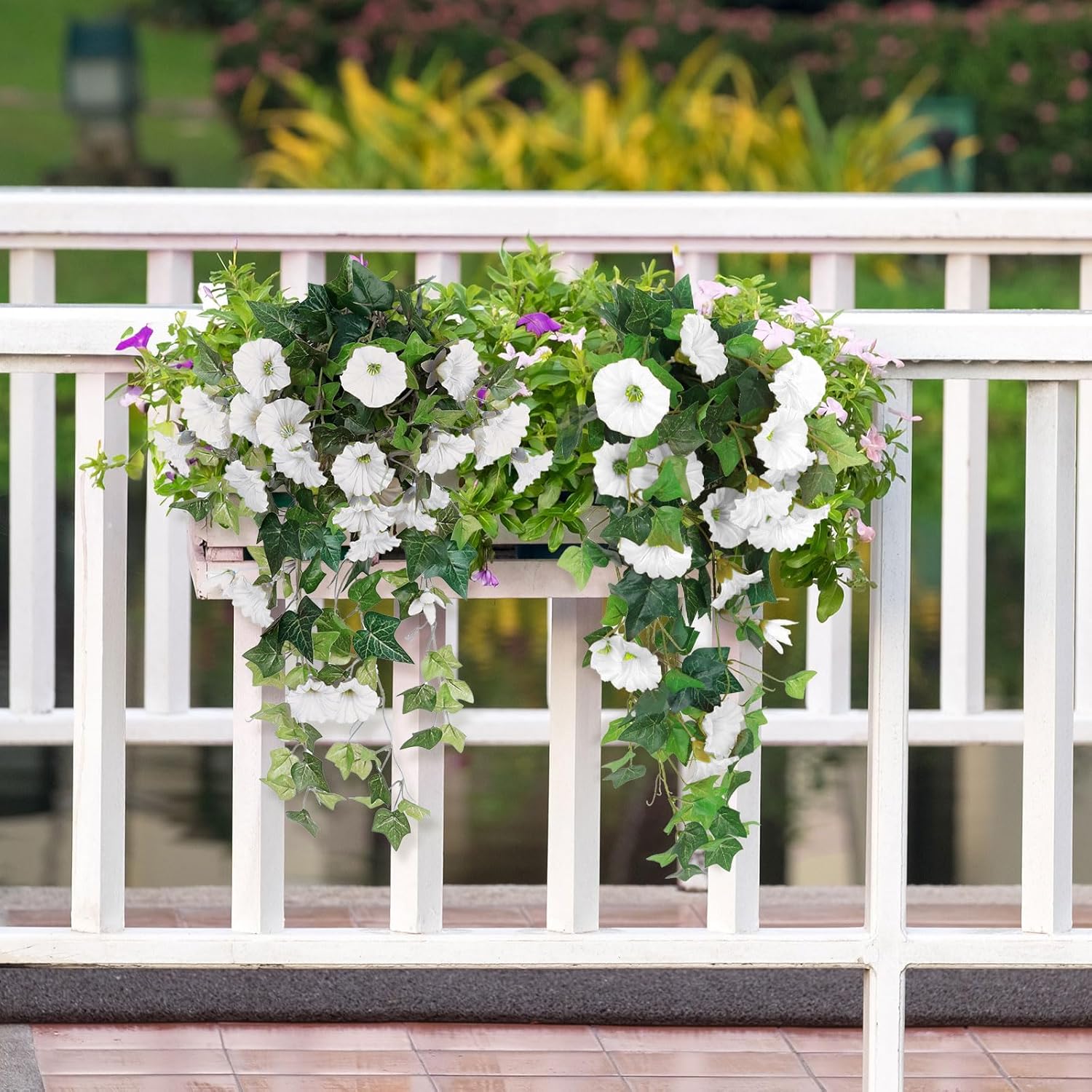 RECUTMS Artificial Fake Hanging Flowers Plants for Outdoor Decoration, 2 Pcs UV Resistant Faux Petunias Trailing Plants Realistic Flower Look Real for Door Wall Yard Porch Garden Planter (White)