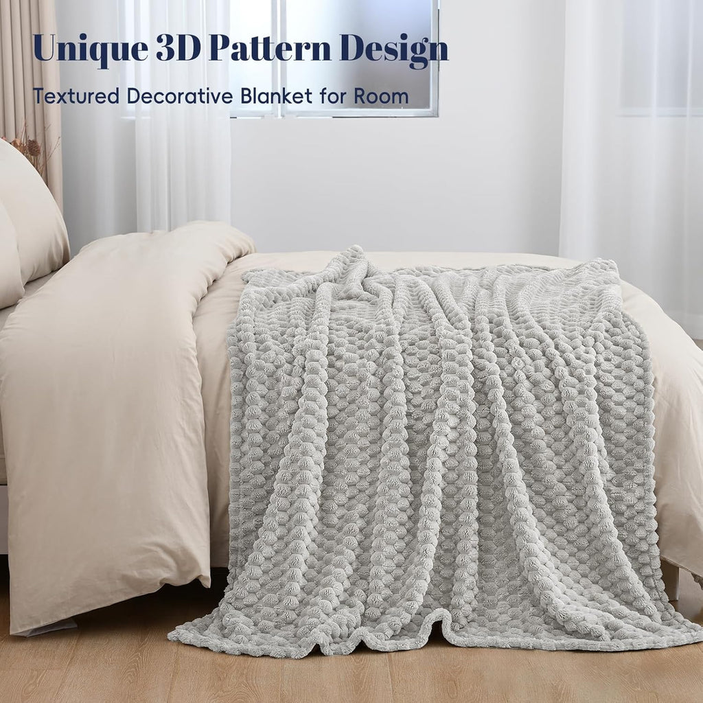 PHF Ultra Soft Flannel Fleece Throw Blanket, Lightweight 3D Jacquard Fleece Blanket, No Shedding, No Pilling, Luxury 340GSM Aesthetic Fluffy Cozy Throws for Couch Room Decor, 50"x60", Light Grey