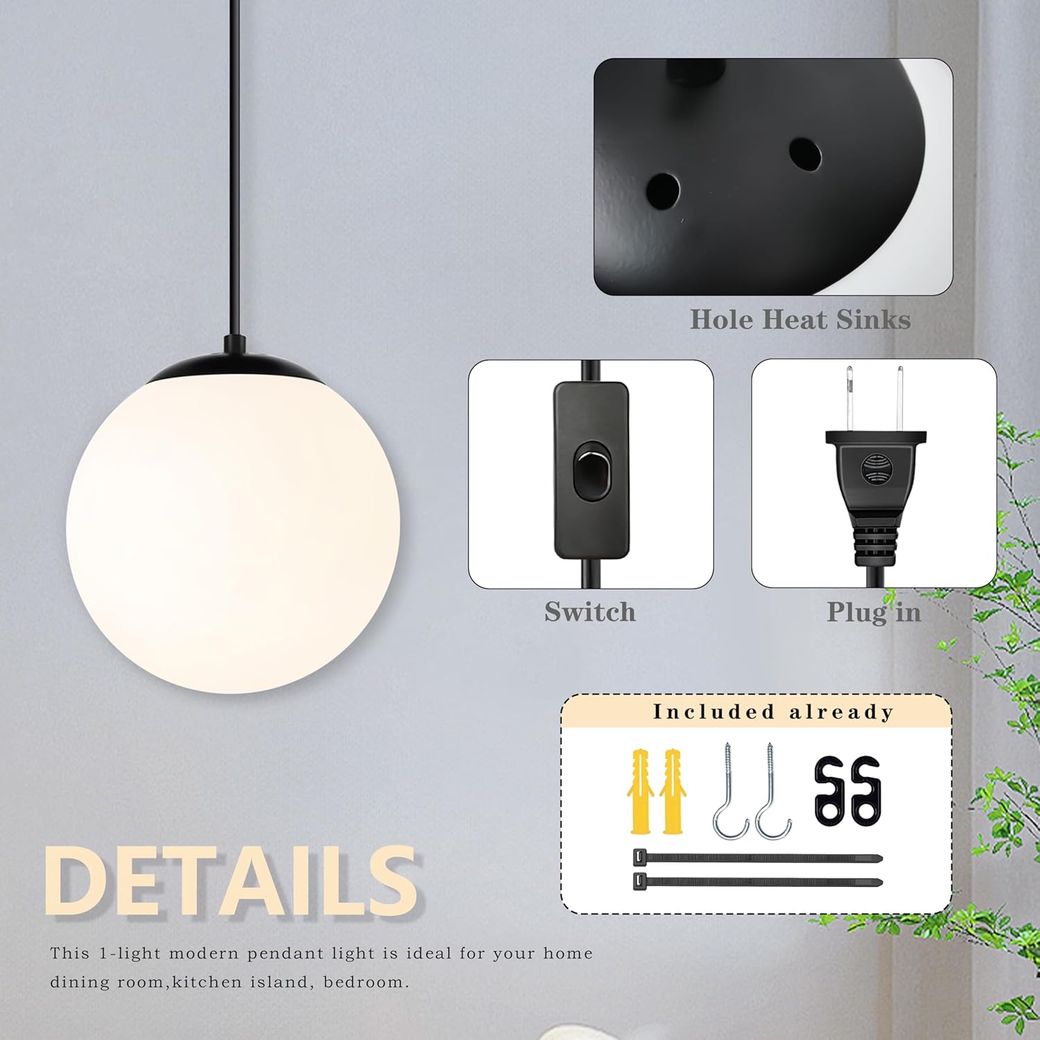KoKo&Yukina 10" Globe Pendant Light Black Plug in Pendant Light Adjustable Hanging Lights with Plug in Cord Matte Black Finished with Milk Glass Lampshade for Bedroom Kitchen Island（Bulb Included）