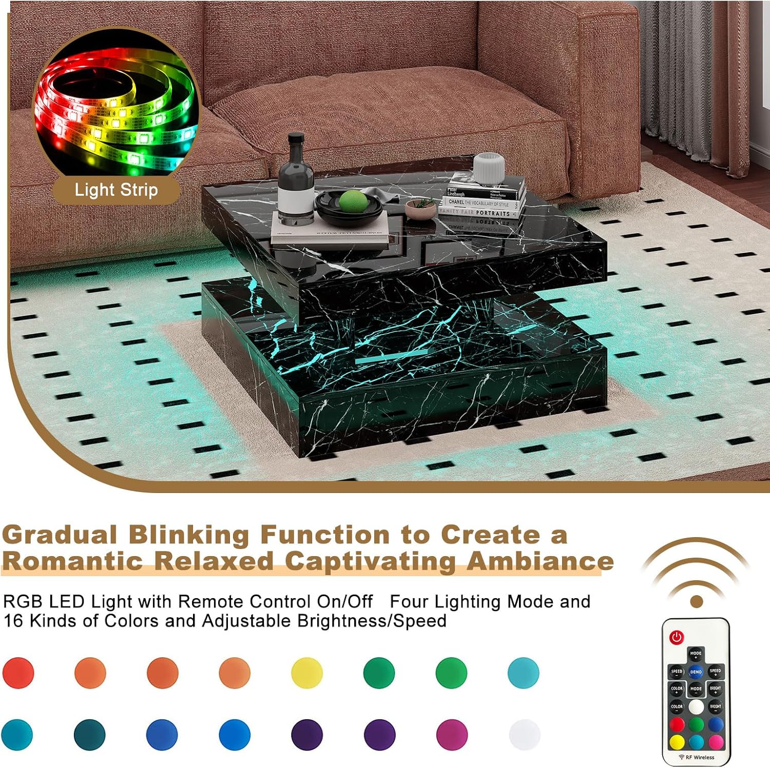 Black Marble LED Coffee Table for Living Room, Living Room Table 2-Tier Square Middle Center Table, Modern Coffee Tables with Storage, Contemporary Wood Tea Tables for Dining Reception