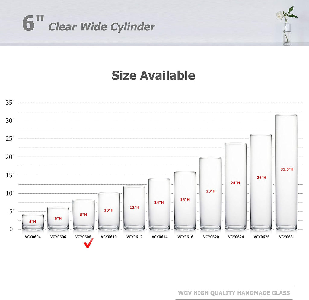 WGV Quality Thick Cylinder Vase, Width 6", Height 8", Clear Glass Container Terrarium Candle Holder for Wedding Centerpiece, Event, Home Decor, 1 Piece