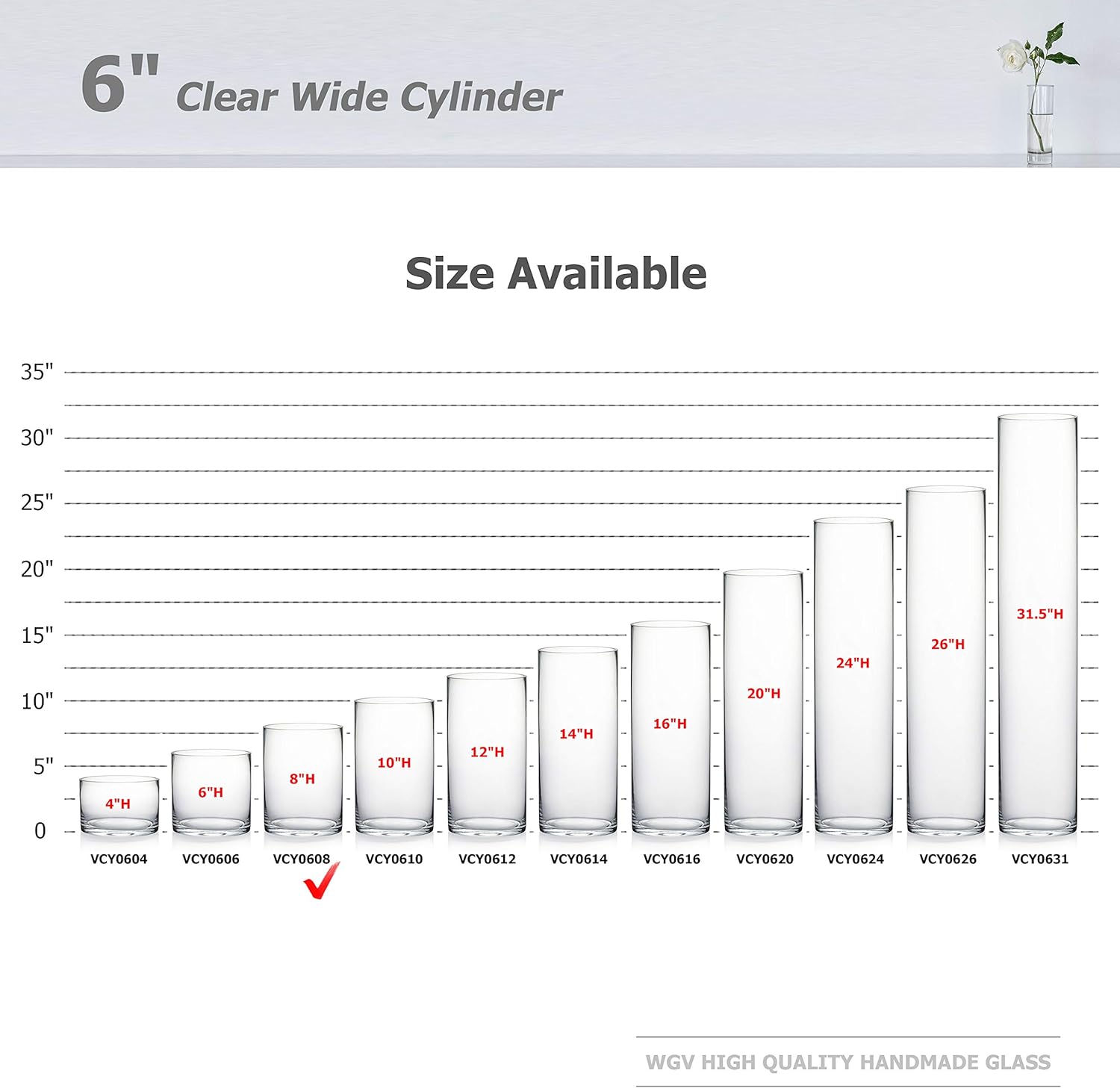 WGV Quality Thick Cylinder Vase, Width 6", Height 8", Clear Glass Container Terrarium Candle Holder for Wedding Centerpiece, Event, Home Decor, 1 Piece