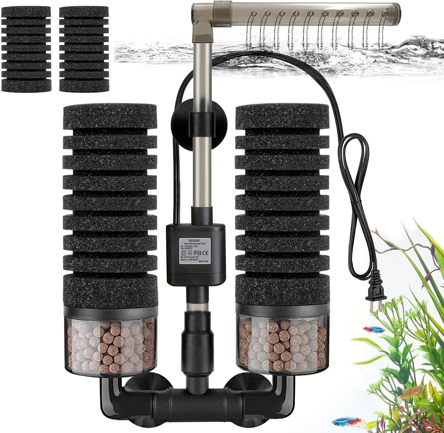 Upgrade Aquarium Electric Power Sponge Filter with Submersible Pump ，Ultra-Quiet Motor with Bio Ceramic Media Balls and 2 Spare Sponge (L for 20-55 Gal)