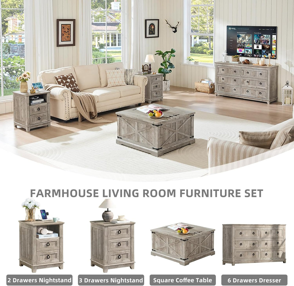 Farmhouse Coffee Table with Large Hidden Storage Compartment, Light Oak Square Center Table, Wood Rustic Low Modern Living Room Tables with Hinged Lift Brown Top & Wooden Arc Base