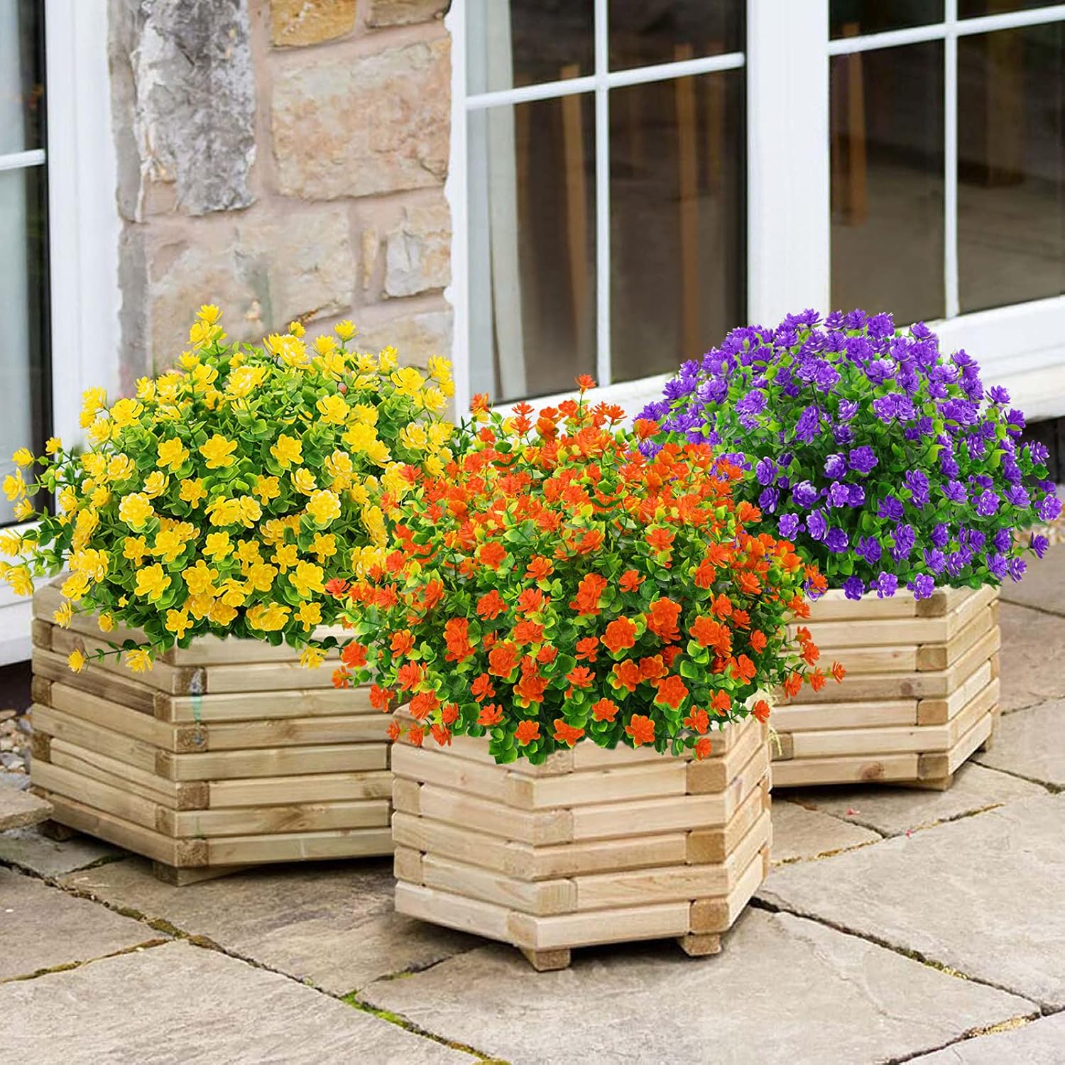 GREENRAIN Artificial Flowers Outdoor Fake Flowers for Decoration UV Resistant No Fade Faux Plastic Plants Garden Porch Window Box Décor (6 Bundles, 2#Yellow)