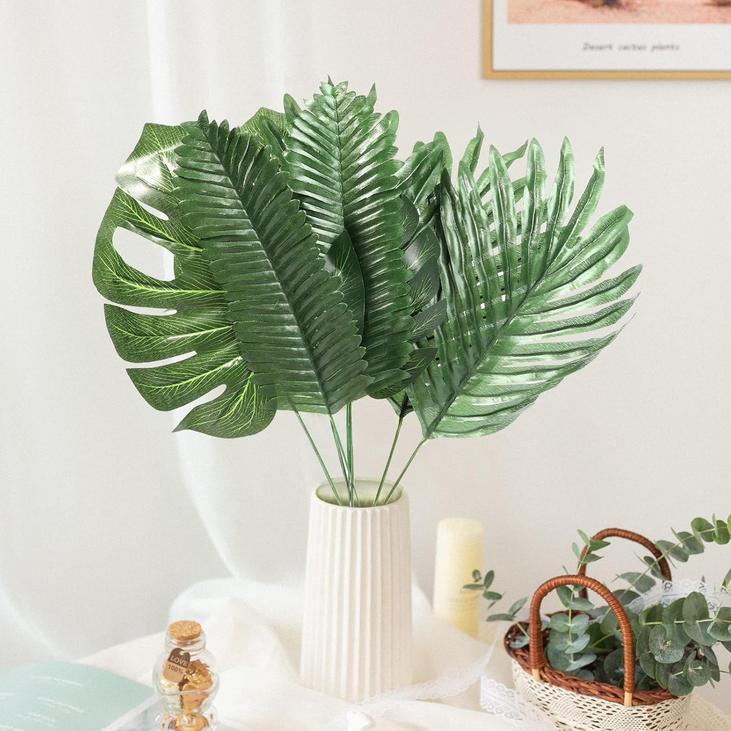 50 Pieces 7 Kinds Artificial Tropical Leaf Jungle Leaves Plant Safari Leaves Decorations Fake Palm Leaf with Stems for Hawaiian Luau Party Table Beach Birthday Wedding Theme Party Decorations