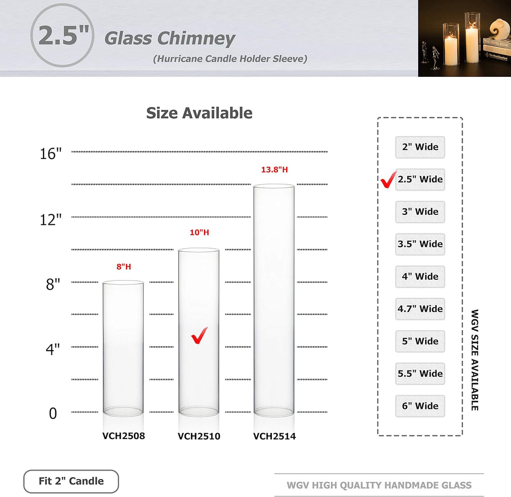 WGVI Hurricane Candle Holder Sleeve, Wide 2.5", Height 10", Clear Glass Cylinder Candleholder, Chimney Tube, Open Ended Candle Shade, 24 Pieces Bulk