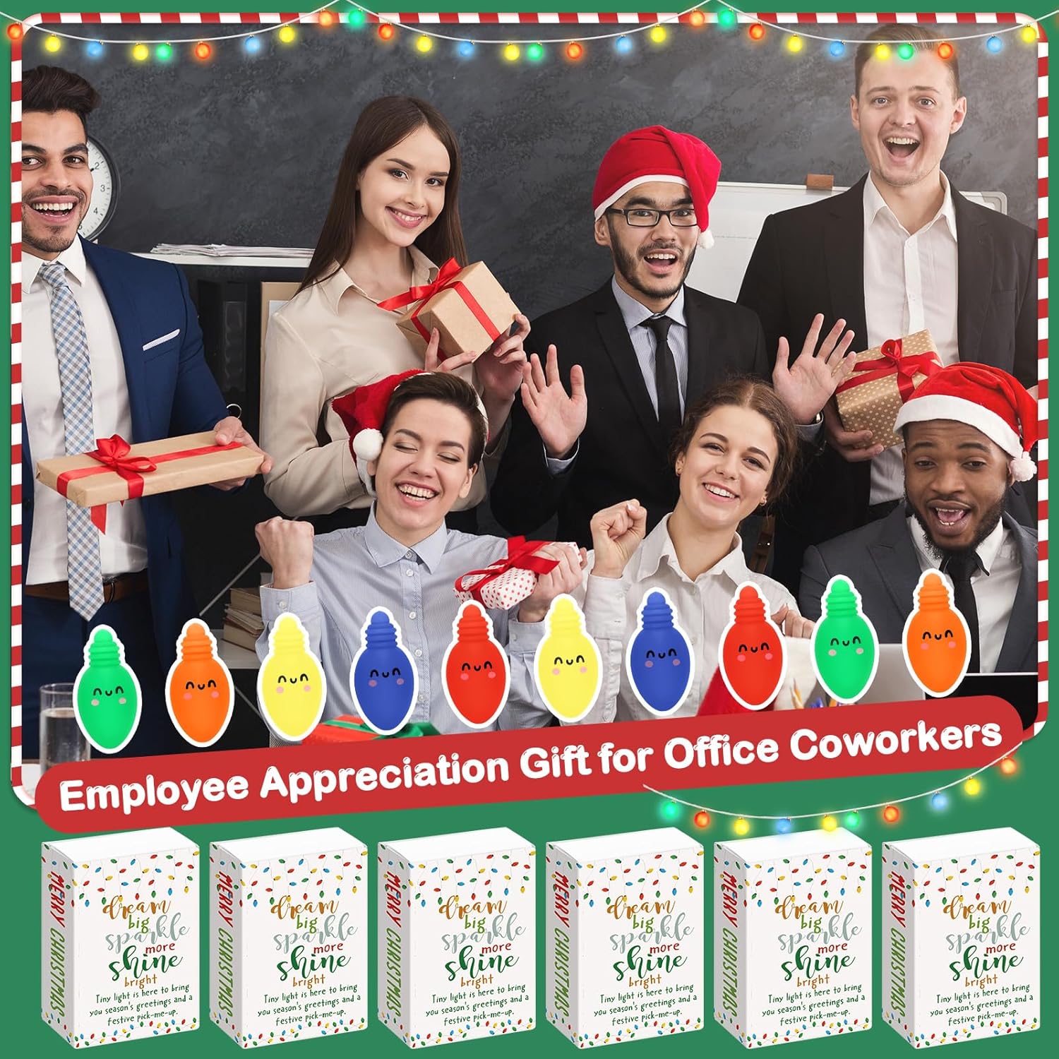 Wettarn 60 Sets Christmas Positive Gifts Light Bulb Stress Balls with Support Gift Boxes Bulk Merry Christmas Party Favors for Employee Coworker Friends Office Relief Toys Stocking Stuffers