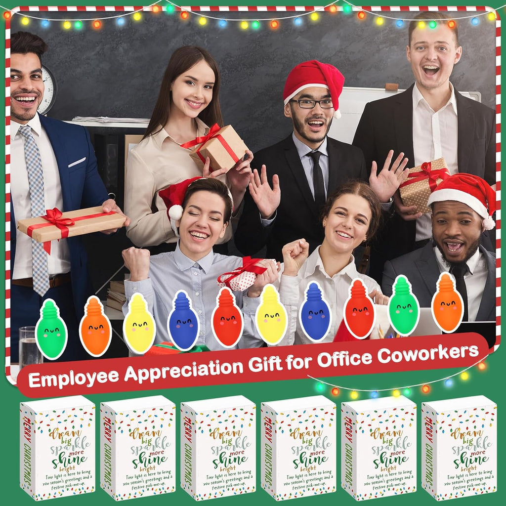 Wettarn 40 Sets Christmas Positive Gifts Light Bulb Stress Balls with Support Gift Boxes Bulk Merry Christmas Party Favors for Employee Coworker Friends Office Relief Toys Stocking Stuffers