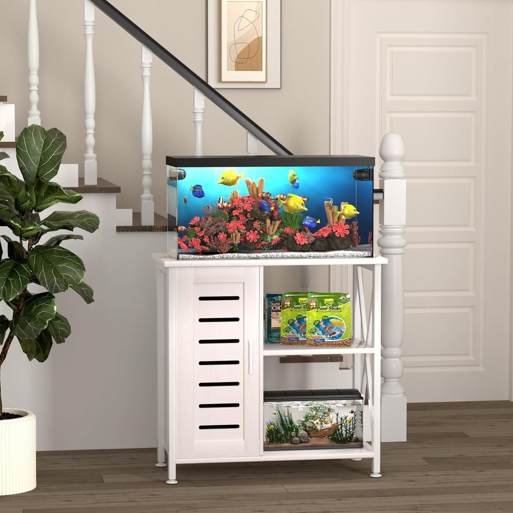 20-29 Gallon Fish Tank Stand, Aquarium Stand with Cabinet Accessories Storage, Heavy Duty Metal Frame, 31.49" L*15.74" W Tabletop, 330LBS Capacity,White PG07YGW