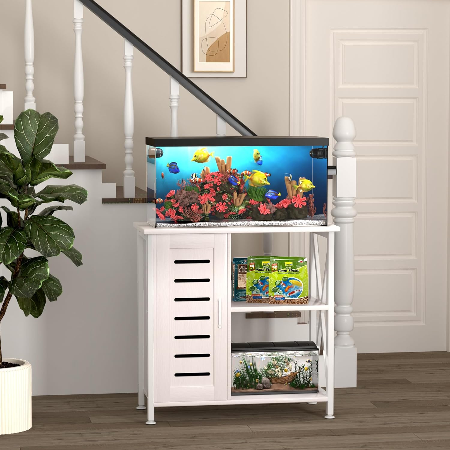 20-29 Gallon Fish Tank Stand, Aquarium Stand with Cabinet Accessories Storage, Heavy Duty Metal Frame, 31.49" L*15.74" W Tabletop, 330LBS Capacity,White PG07YGW
