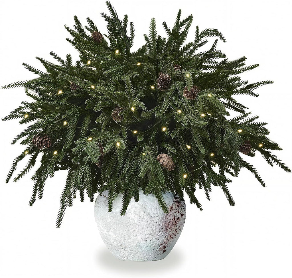 12PCS Christmas Norfolk Pine Branches with Warm Lights ，20" Artificial Christmas Branches Pinecones Norfolk Pine Stems for DIY Crafts Garlands Wreaths Holiday Home Centerpiece Xmas Decor