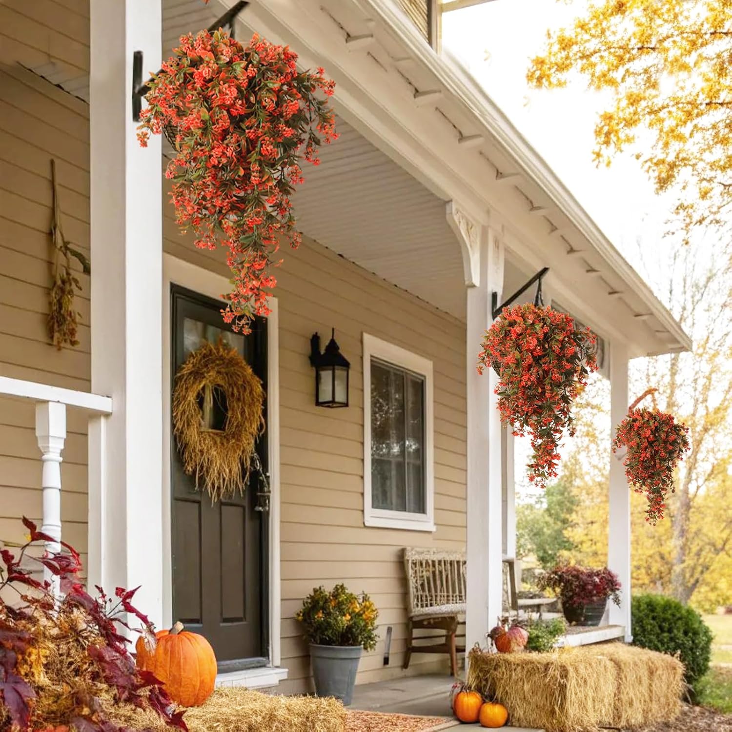 SJL Fall Faux Hanging Plants Artificial Fall Hanging Flowers Artificial Outdoor UV Resistant Fake Vine Plant Faux Greenery Plastic Plants for Farmhouse Thanksgiving Patio Party Decor (Salmon)