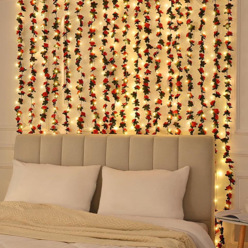 BLEUM CADE 5Pcs 41Ft Flower Garland Artificial Rose Vines with 32.8Ft String Lights, Cute Fake Hanging Flower Vines Floral Garland Decorations for Wedding Party Wall Room Decor Aesthetic
