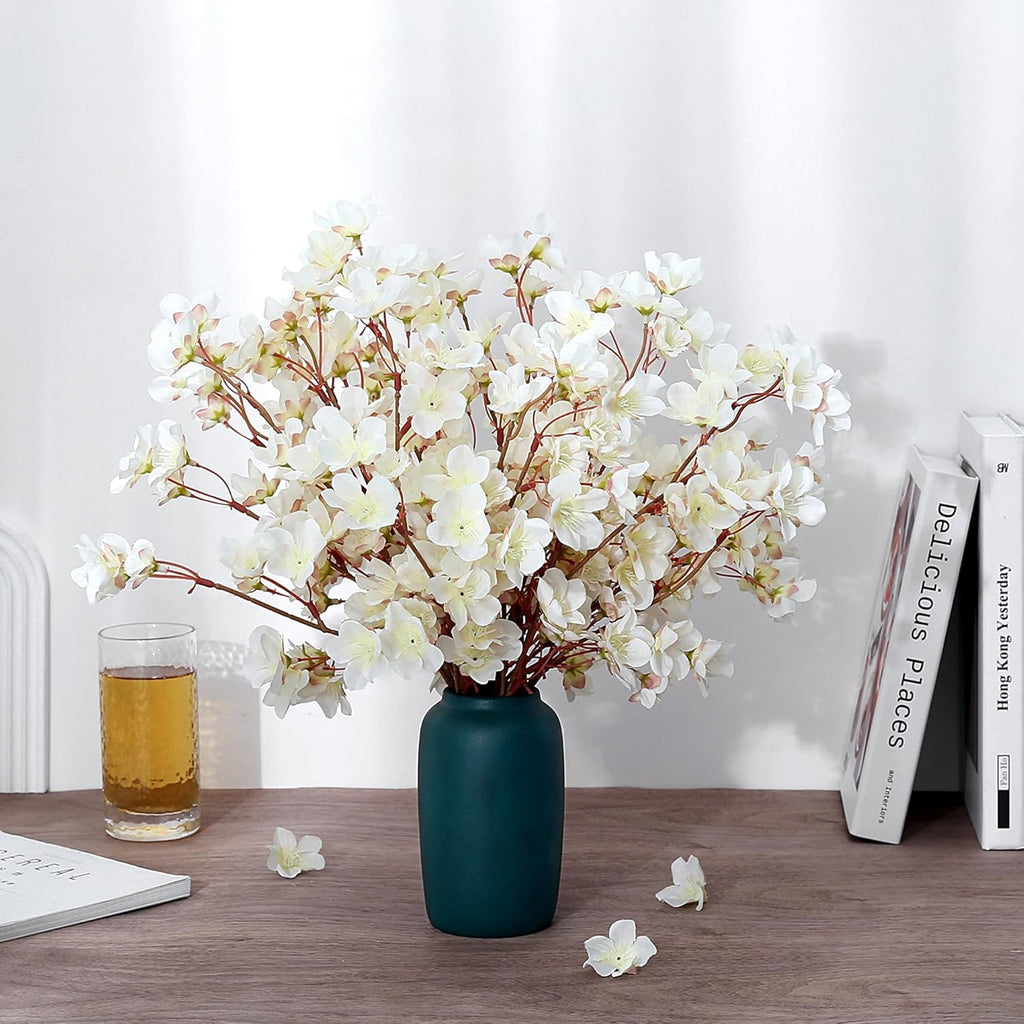 SITUMEIZI 6Pcs Artificial Cherry Blossom Branches Decor Fake Flowers 16" Silk Faux Flowers for Decoration Spring Peach Bouquet Home Wedding Bedroom Party Japanese Garden Table Centerpiece Decor(White)